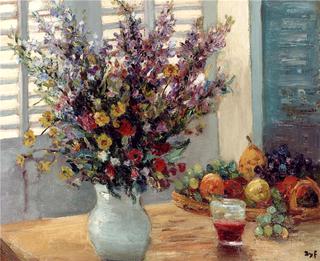 Vase of Flowers and Fruit on a Table