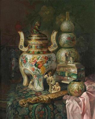 Still Life with Oriental Ceramics on a Draped Table