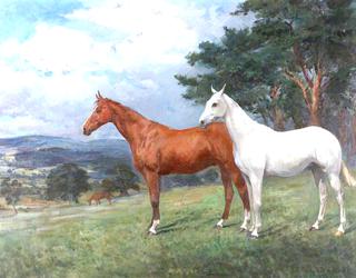 Two Horses in a Landscape: A Chestnut and a Grey Hunter