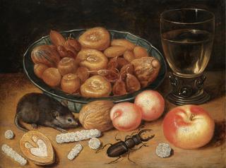 Still life with Chestnuts, Hazelnuts in a Porcelain Bowl with a Roemer, an Apple, an Apricot, a Beetle and a Mouse