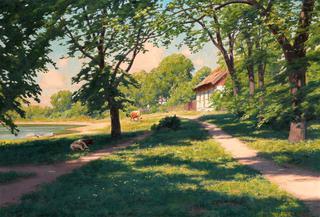 Summer landscape with cattle grazing by the river