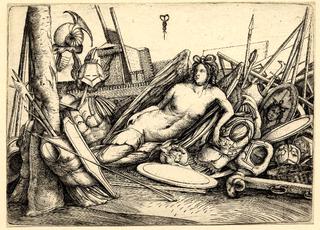 A female figure of Victory reclining amid a pile of trophies of war