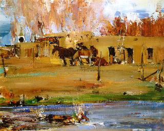 Horses in Front of the Adobe