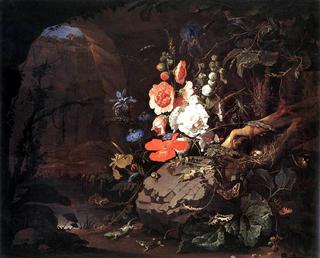 Interior of a grotto with a rock-pool, frogs, salamanders, and a large bouquet of flowers