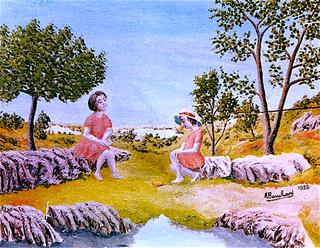 Two Young Girls in Pink in a Landscape