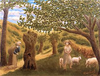 Shepherdess and Three Sheep