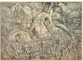 Battle between men and satyrs, with numerous figures fighting in a rocky landscape