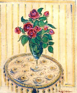 Vase of Roses on a Pedestal Table