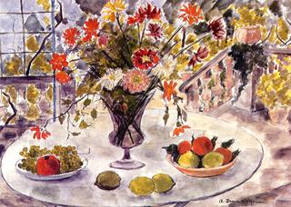 Still Life on the Terrace, Vase of Flowers and Fruit