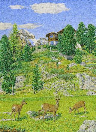 Deer near the Villa Oberalpina with Piz Julier, St. Moritz