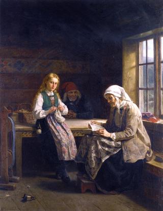 A Hardanger Interior, Young Girl Knitting