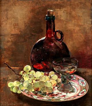 Still-Life with Grapes and Glass Bottle
