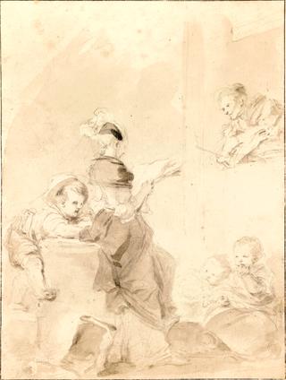 A Woman Reading to Children, a Man Looking on