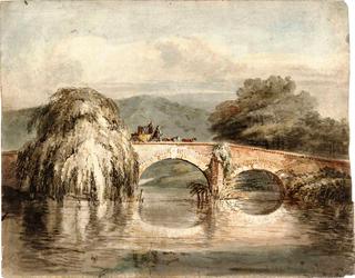A Coach Crossing a Two-Arched Bridge, with a Weeping Willow