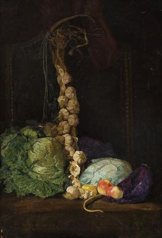 Still life with cabbage, garlic and apples