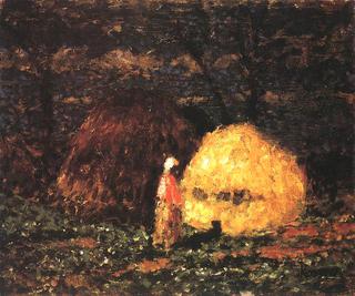 Haystacks with Woman in Pink Blouse