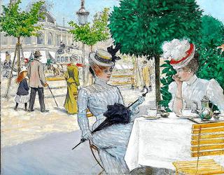 Two elegant ladies at a café opposite National Scala in Copenhagen