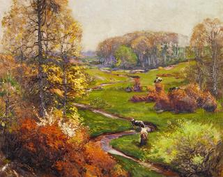 Spring Landscape with Meandering Stream and Cows