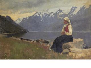 Fjord landscape with girl seated on a rock