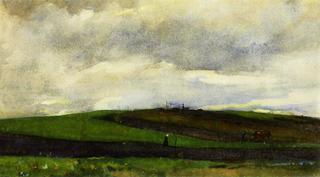 Plowing farmer in undulating landscape