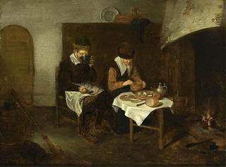 Couple Having a Meal before a Fireplace