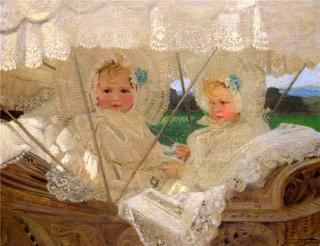 The artist's twin daughters in a pram