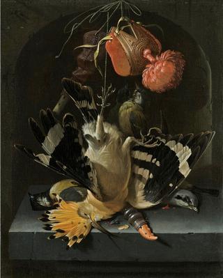 Still life with a hoopoe, a great tit, a falconry hood and a decoy whistle