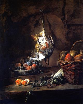 Partridge, Bowl of Plums and Basket of Pears