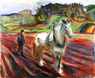 Man Plowing with a White Horse