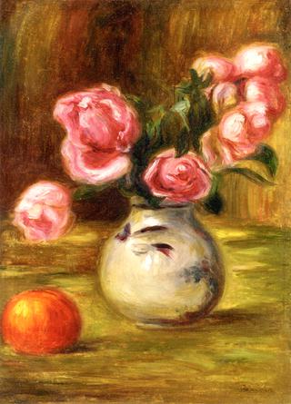 Vase of Roses and an Orange