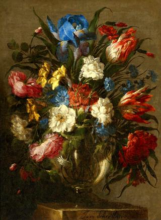 Still Life of Tulips, Roses, Peonies, Iris and other Flowers in a Glass Vase