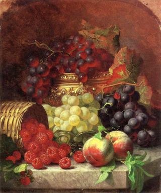 Black Grapes in a Gilt Bowl, Black and White Grapes in a Crystal Bowl, Peaches,Raspberries in a Wicker Basket and a Wasp on a Marble Ledge