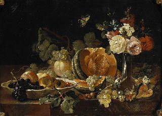 A still life with flowers in a glass vase, a lemon, cherries and other fruit in a porcelain vase