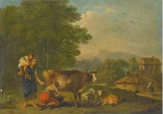 A Pastoral Landscape with a Milkmaid Milking a Cow