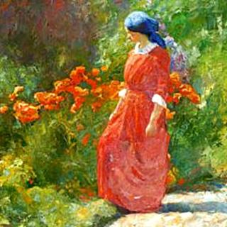 Woman in Red Dress in Garden with Poppies