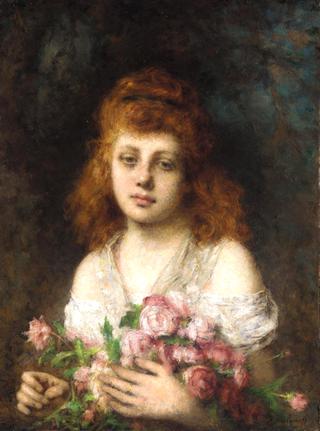 Auburn-haired Beauty with Bouquet of Roses