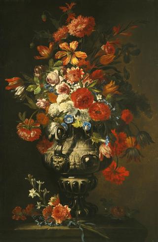 Still Life of Roses, Chrysanthemums and Tulips in an Ornate Silver Vase on a Stone Pedestal