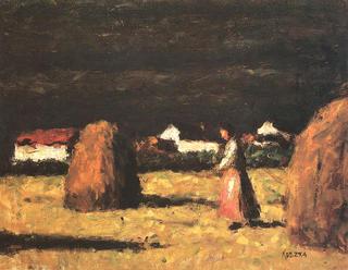 Farmstead with Haystacks and Woman in Pink Apron