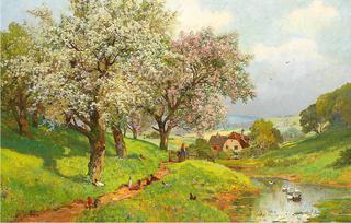 Hilly Landscape with Blossoming Fruit Trees, Farm, & Poultry