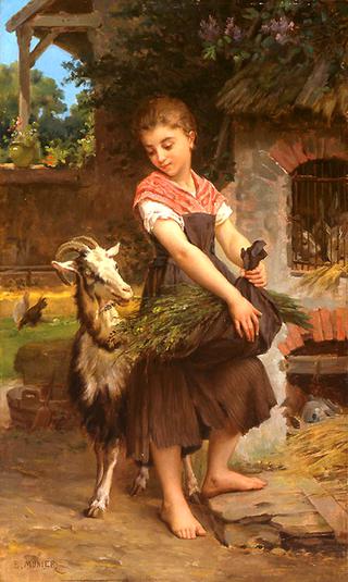 Farm Girl with her Pet Billy Goat