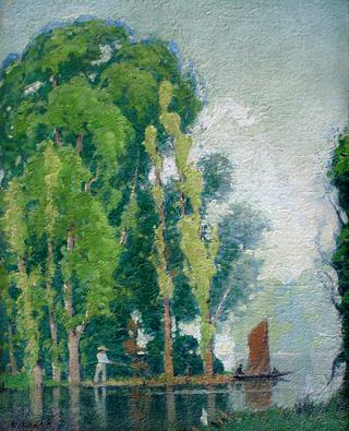 Fishing Scene with Sailboat