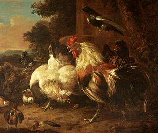 A Cock and Two Hens with Chicks in a Landscape Setting