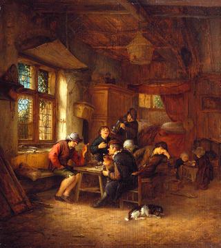 Interior of a Tavern with Five Peasants and a Woman