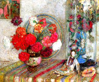 Still LIfe with Flowers and Japanese Doll