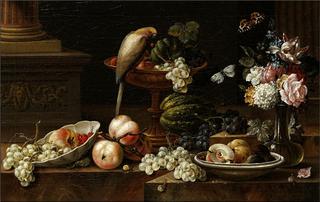 Still life with flowers in a glass vase, fruit and gray parrot