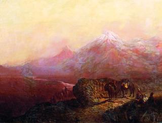 A Mountain Landscape with Horses