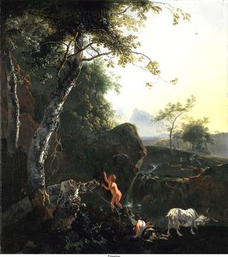 Figures and Goat by a Waterfall