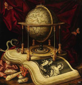 Vanitas still-life with a globe, a book, shells and butterflies