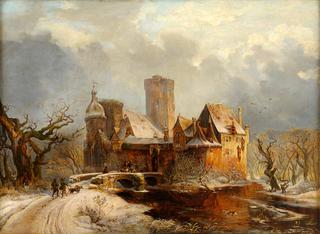 有城堡和猎人的冬季景观