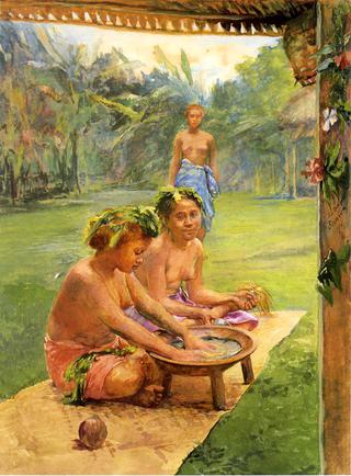 Young Girls Preparing Kava. Outside of the Hut Whose Posts Are Decorated wih Flowers, the Attendant, Standing in the Background Is There to Hand the Cocoanut Cup When Filled